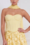 Light Blue Corset A-Line Strapless Floral Appliqued Long Bridesmaid Dress with 3D Flower