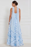 Light Blue Corset A-Line Strapless Floral Appliqued Long Bridesmaid Dress with 3D Flower