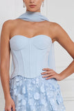 Light Blue Corset A-Line Strapless Floral Appliqued Long Bridesmaid Dress with 3D Flower