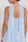 Light Blue Corset A-Line Strapless Floral Appliqued Long Bridesmaid Dress with 3D Flower