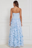 Light Blue Corset A-Line Strapless Floral Appliqued Long Bridesmaid Dress with 3D Flower