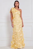 Daffodil Sheath One Shoulder Floral Appliqued Long Bridesmaid Dress with Bow