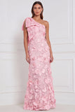 Daffodil Sheath One Shoulder Floral Appliqued Long Bridesmaid Dress with Bow