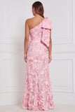 Daffodil Sheath One Shoulder Floral Appliqued Long Bridesmaid Dress with Bow