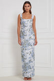 Sage Floral Sheath Square Neck Long Bridesmaid Dress
