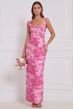 Sage Floral Sheath Square Neck Long Bridesmaid Dress