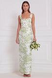 Sage Floral Sheath Square Neck Long Bridesmaid Dress