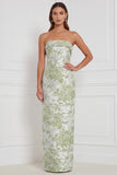 Sage Sheath Floral Strapless Long Bridesmaid Dress with Bow Back