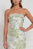 Sage Sheath Floral Strapless Long Bridesmaid Dress with Bow Back