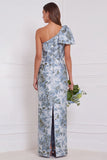One Shoulder Dusty Blue Sheath Floral Long Bridesmaid Dress with Bow