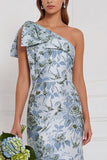 One Shoulder Dusty Blue Sheath Floral Long Bridesmaid Dress with Bow
