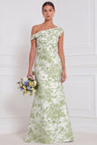 Sage Floral Mermaid One Shoulder Asymmetrical Ruched Long Bridesmaid Dress