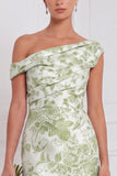 Sage Floral Mermaid One Shoulder Asymmetrical Ruched Long Bridesmaid Dress