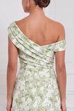 Sage Floral Mermaid One Shoulder Asymmetrical Ruched Long Bridesmaid Dress