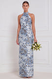 Halter Dusty Blue Sheath Floral Long Bridesmaid Dress