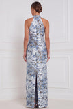 Halter Dusty Blue Sheath Floral Long Bridesmaid Dress