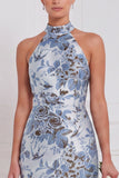 Halter Dusty Blue Sheath Floral Long Bridesmaid Dress