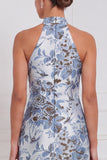 Halter Dusty Blue Sheath Floral Long Bridesmaid Dress