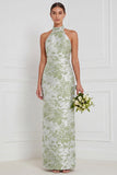 Halter Dusty Blue Sheath Floral Long Bridesmaid Dress
