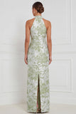 Halter Dusty Blue Sheath Floral Long Bridesmaid Dress