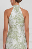 Halter Dusty Blue Sheath Floral Long Bridesmaid Dress