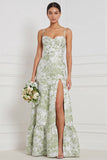 Light Blue A-Line Sweetheart Floral Long Bridesmaid Dress with Slit