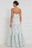 Blue White Flower Pearls A-Line Strapless Long Bridesmaid Dress with Front Slit