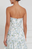 Blue White Flower Pearls A-Line Strapless Long Bridesmaid Dress with Front Slit