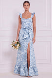 Dusty Blue Floral Mermaid Sweetheart Long Bridesmaid Dress with Bow