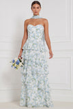 Blue White Flower A-Line Tiered Ruffled Strapless Long Bridesmaid Dress with Neck Scarf