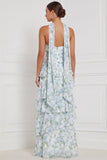 Blue White Flower A-Line Tiered Ruffled Strapless Long Bridesmaid Dress with Neck Scarf