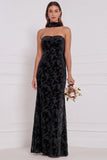 Espresso Burnout Velvet Strapless Sheath Long Bridesmaid Dress with Neck Scarf