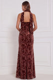 Espresso Burnout Velvet Strapless Sheath Long Bridesmaid Dress with Neck Scarf