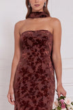 Espresso Burnout Velvet Strapless Sheath Long Bridesmaid Dress with Neck Scarf
