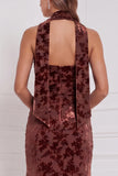 Espresso Burnout Velvet Strapless Sheath Long Bridesmaid Dress with Neck Scarf