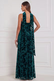 Black Sheath Strapless Ruched Burnout Velvet Long Bridesmaid Dress with Neck Scarf
