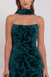 Black Sheath Strapless Ruched Burnout Velvet Long Bridesmaid Dress with Neck Scarf