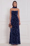 Black Sheath Strapless Ruched Burnout Velvet Long Bridesmaid Dress with Neck Scarf
