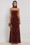 Black Sheath Strapless Ruched Burnout Velvet Long Bridesmaid Dress with Neck Scarf