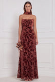 Black Sheath Strapless Ruched Burnout Velvet Long Bridesmaid Dress with Neck Scarf