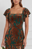 Brown Burnout Velvet Sheath Square Neck Flutter Sleeves Long Bridesmaid Dress with Side Slit