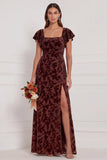 Brown Burnout Velvet Sheath Square Neck Flutter Sleeves Long Bridesmaid Dress with Side Slit