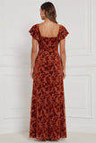 Brown Burnout Velvet Sheath Square Neck Flutter Sleeves Long Bridesmaid Dress with Side Slit