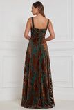 Brown Square Neck A-Line Ruched Burnout Velvet Long Bridesmaid Dress