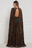 Black Burnout Velvet Sheath V-Neck Long Bridesmaid Dress with Cape