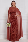 Black Burnout Velvet Sheath V-Neck Long Bridesmaid Dress with Cape