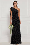 Dark Green Sheath One Shoulder Burnout Velvet Long Bridesmaid Dress with Bow
