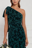 Dark Green Sheath One Shoulder Burnout Velvet Long Bridesmaid Dress with Bow