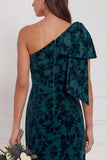 Dark Green Sheath One Shoulder Burnout Velvet Long Bridesmaid Dress with Bow