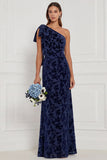 Dark Green Sheath One Shoulder Burnout Velvet Long Bridesmaid Dress with Bow